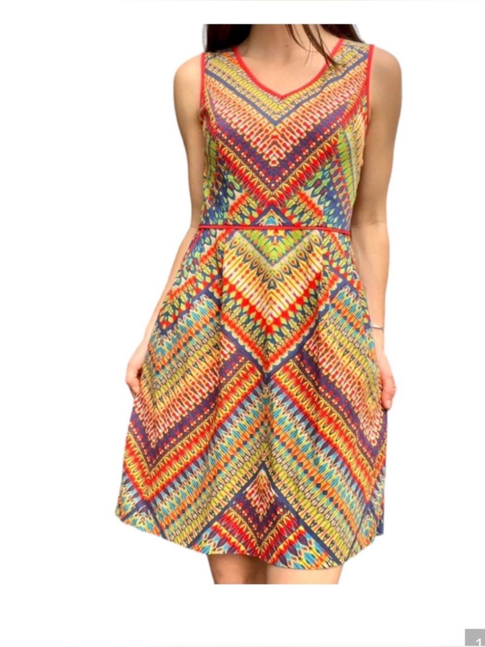 Ellen Tracy Multicolor Chevron Colorful Print V-Neck Midi Dress with pockets